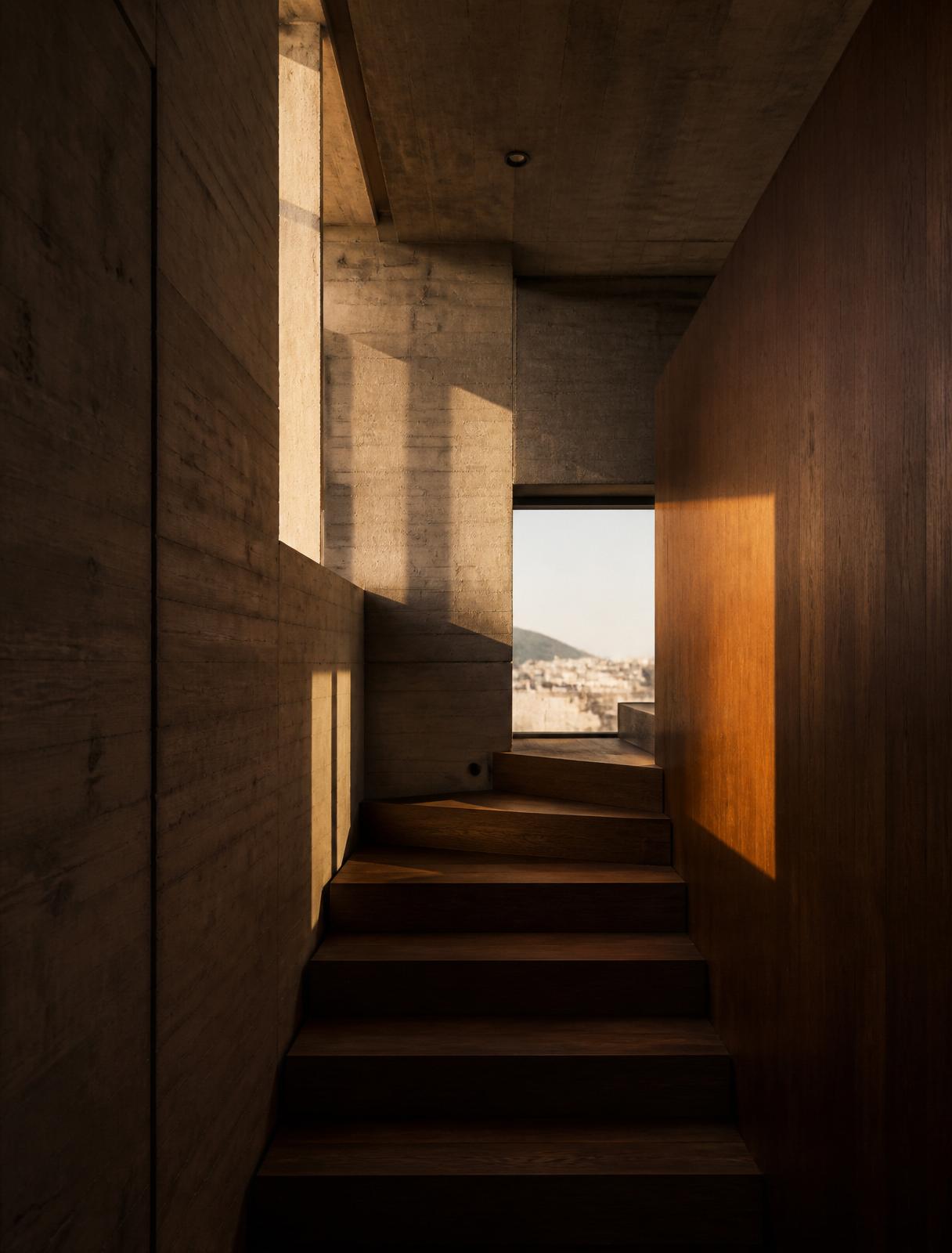 The Filadelfeia Residence — brutalist stairwell at sunset